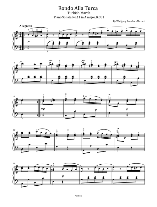 Mozart - Rondo Alla Turca - K.331 - (Turkish March) Original With Finger (Arr. poon) - Wolfgang Amadeus Mozart (Piano Solo)
