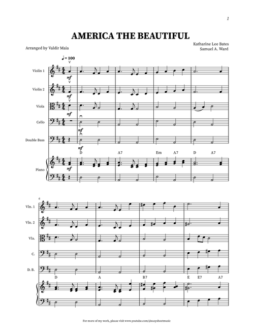 America The Beautiful - String Quintet (with piano accompaniment +CHORDS) (Arr. Valdir Maia) - Samuel A Ward, Katherine Lee Bates (String Ensemble)