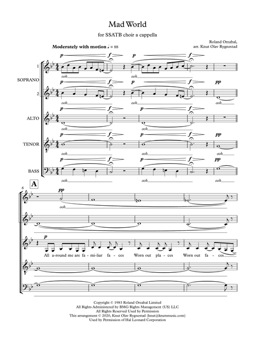 Mad World (Arr. Knut Olav Rygnestad) - Adam Lambert (Choral, SATB)