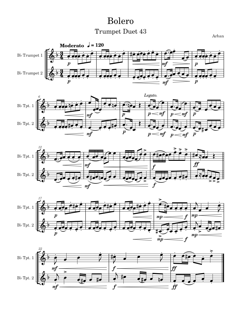 Bolero Trumpet Duet 43 JeanBaptiste Arban Sheet music for Trumpet in