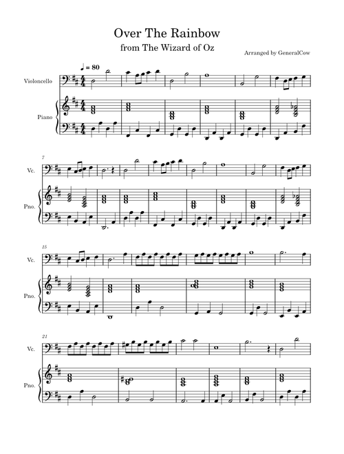 Over the rainbow – Judy Garland (Easy Cello Solo w/ Piano Accompaniment)