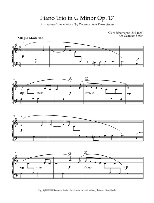 Piano Trio in G Minor - Level 2 piano arrangement (Arr. Cameron Smith) - Clara Schumann (1819-1896) (Easy Piano)