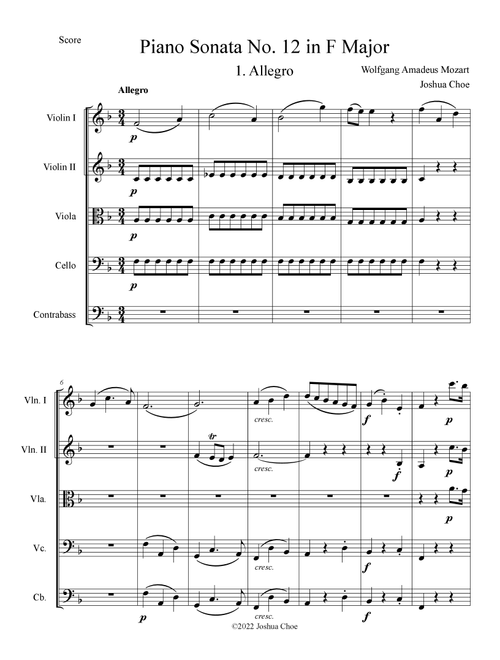 Piano Sonata No. 12 in F Major, Movement 1 (Arr. Joshua Choe) - Wolfgang Amadeus Mozart (Orchestra)
