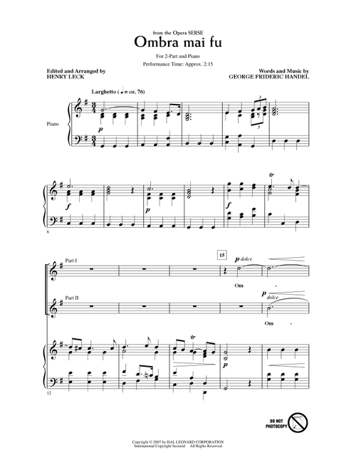 Ombra Mai Fu (from Serse) (arr. Henry Leck) - George Frideric Handel (Choral, 2-Part)