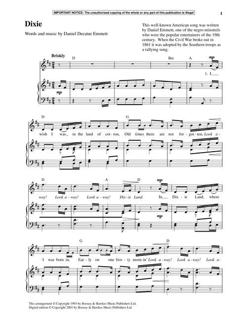 Dixie - Daniel Decatur Emmett (Piano Vocal)
