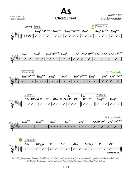 As (Arr. Frieder Schmidt) - Stevie Wonder (Lead Sheet - Fake Book)