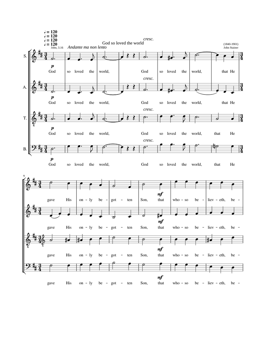God So Loved The World John Stainer Sheet Music For Soprano Alto Tenor Bass Voice Choral 9235