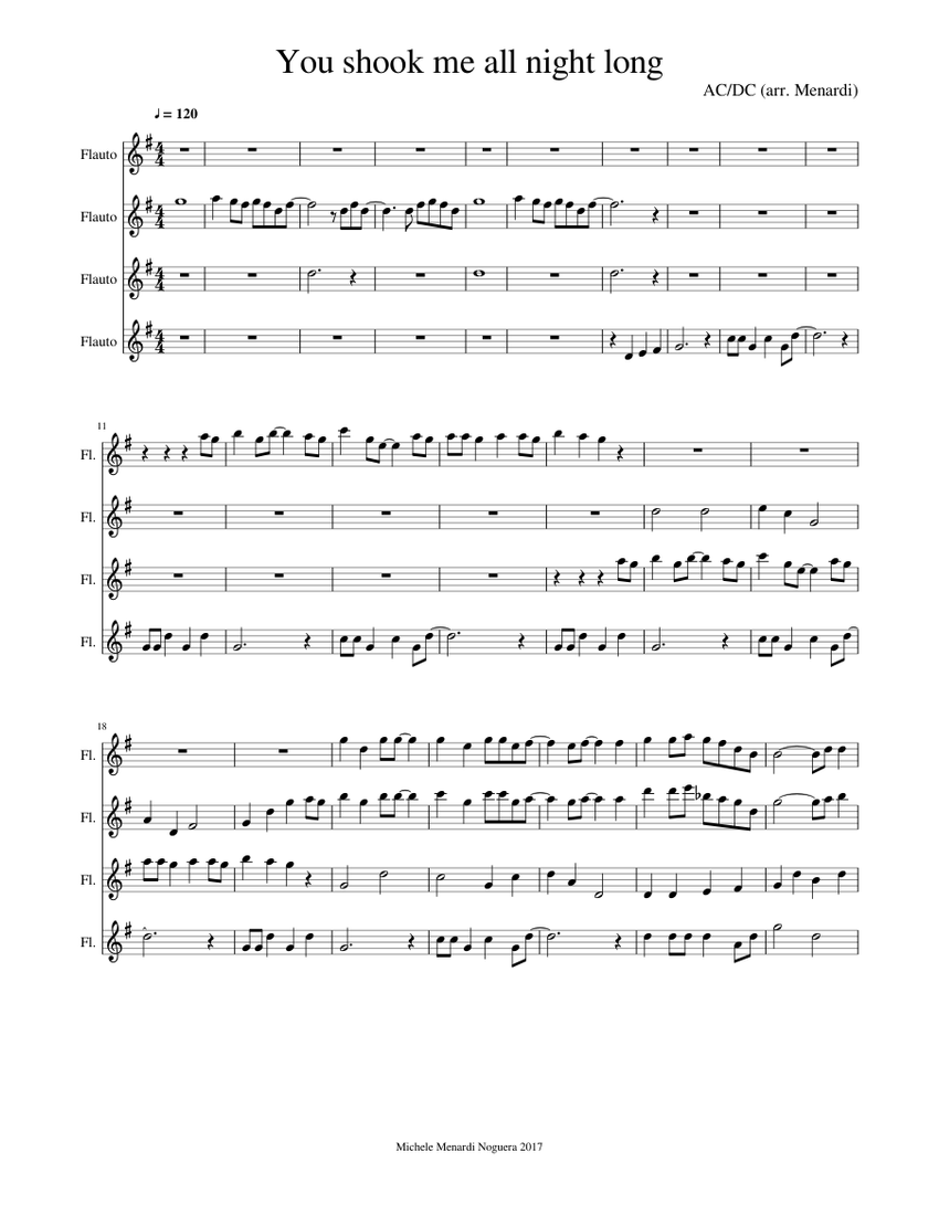 You shook me all night long by AC/DC for flute quartet Sheet Music
