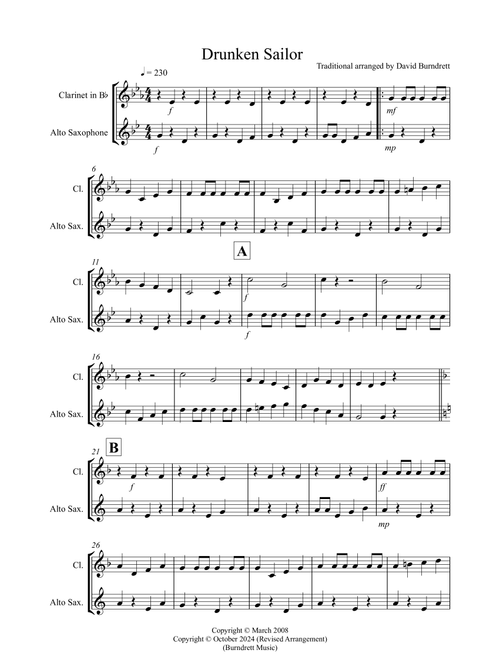 Drunken Sailor for Clarinet and Alto Saxophone Duet (Arr. David Burndrett) - Traditional (Instrumental Duet)
