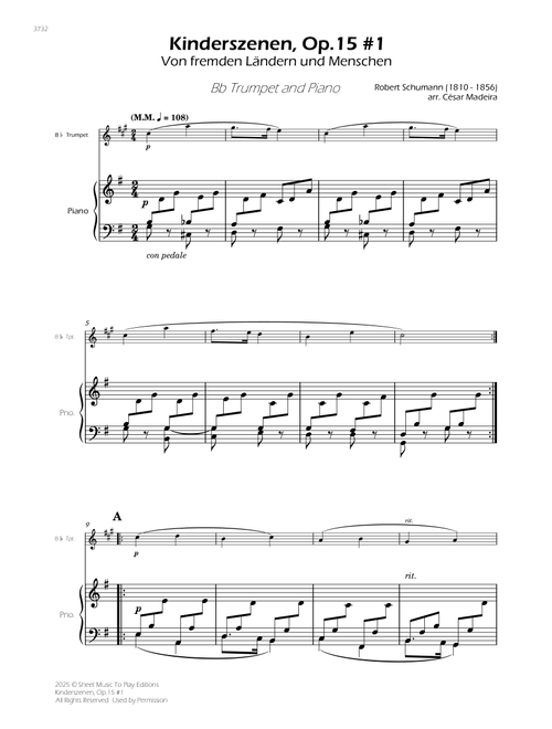 Kinderszenen, Op.15 No.1 - Bb Trumpet and Piano (Full Score and Parts) (Arr. César Madeira) - Robert Schumann (Trumpet and Piano)
