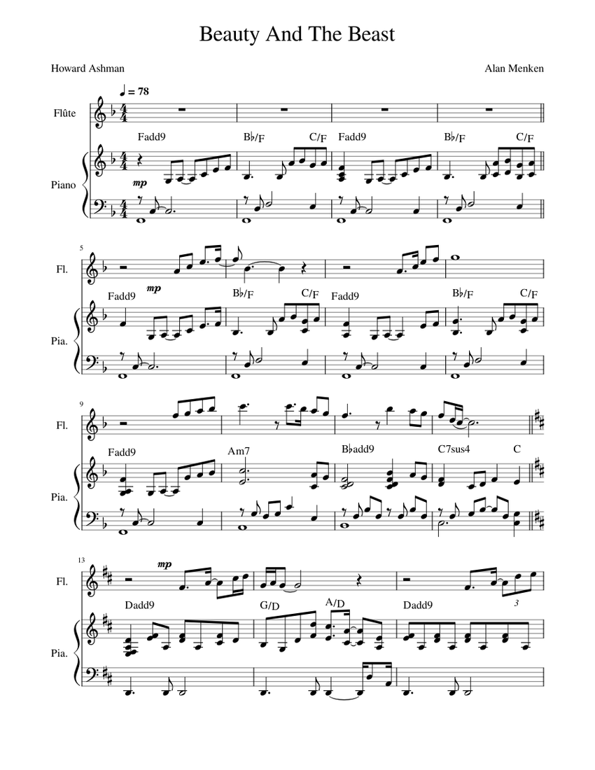 Beauty and the beast - Alan Menken, Howard Ashman Sheet music for Piano,  Flute (Piano-Voice) | Musescore.com