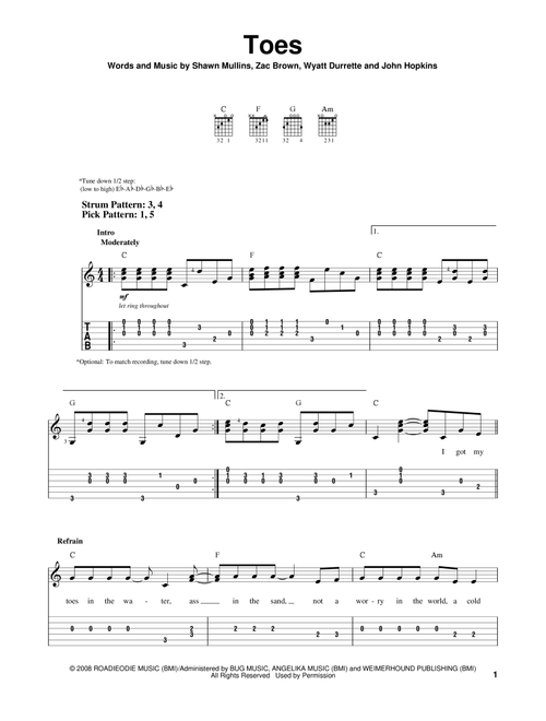 Toes - Zac Brown Band (Easy Guitar with TAB)