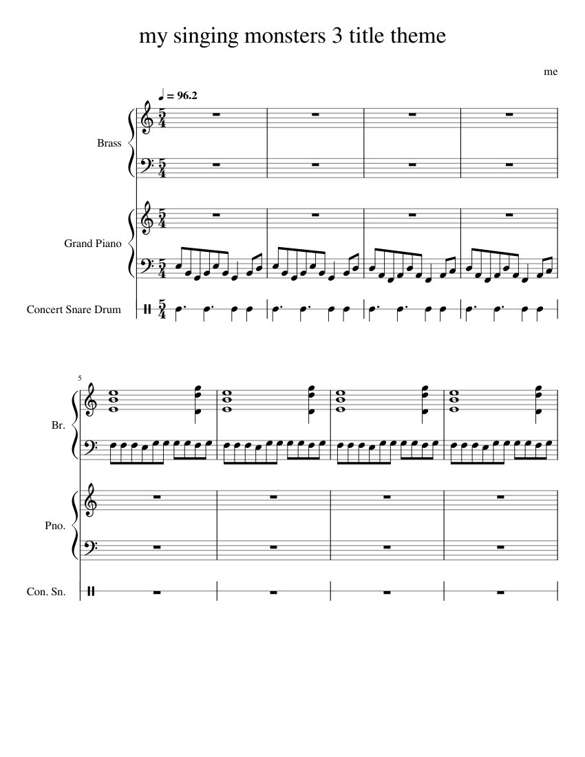 my singing monsters 3 title theme Sheet music for Piano, Snare drum