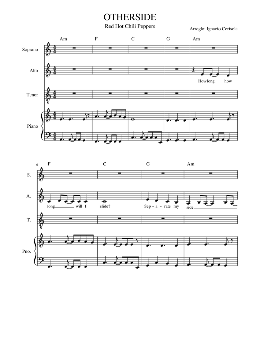 OTHERSIDE - Red Hot Chilli Peppers Sheet Soprano, Alto, (Mixed Quartet) | Musescore.com