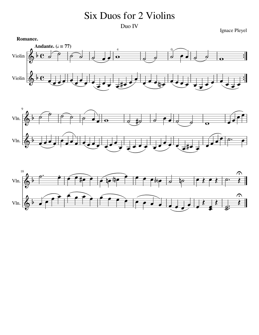 Six Duos for 2 Violins Duo IV Romance Sheet Music for Violin (String ...