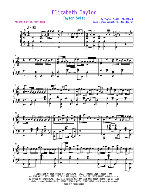 Elizabeth Taylor (Arr. Shirley Yang) - Taylor Swift (Piano Solo)