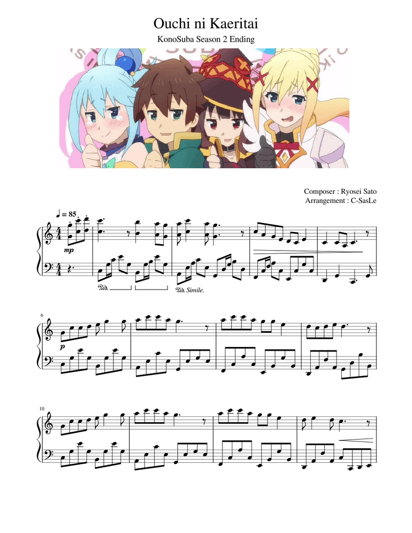 Ouchi ni Kaeritai ( KonoSuba Season 2 Ending ) Sheet Music for Piano ...