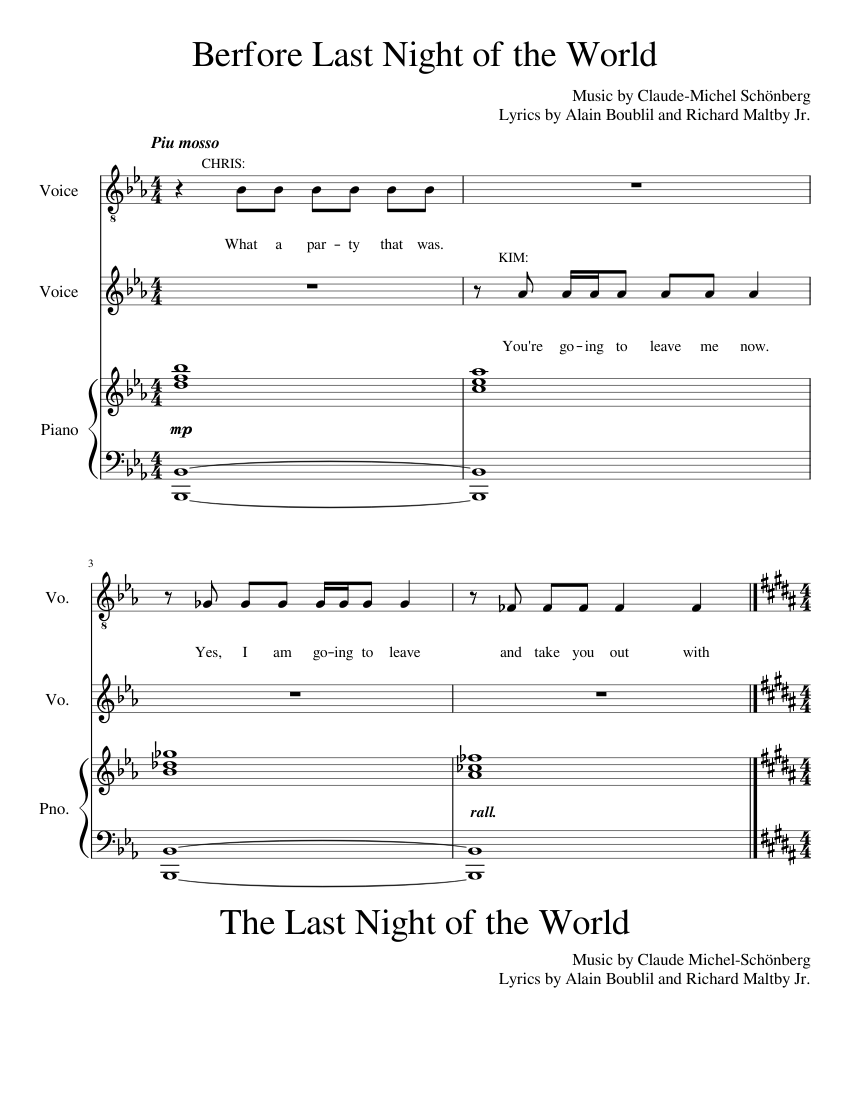 The Last Night of the World (Full) Sheet Music for Piano