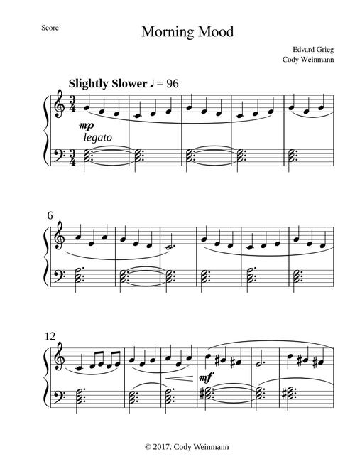 Morning Mood- Edward Greig-Arranged for Easy Piano