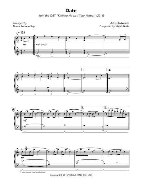 Date (Arr. Simon Andreas Bay) - Radwimps (Piano Solo)