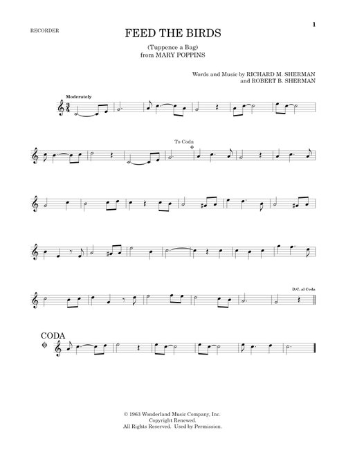 Feed The Birds (Tuppence A Bag) (from Mary Poppins) - Sherman Brothers, Robert B Sherman, Richard M Sherman (Recorder Solo)