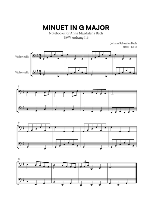 Johann Sebastian Bach - Minuet in G Major (BWV Anh. 116) (for Cello Duet) (Arr. Cadenza Editions) (Cello Duet)