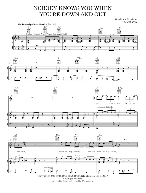 Nobody Knows You When You're Down and Out - Eric Clapton (Piano-Vocal-Guitar)