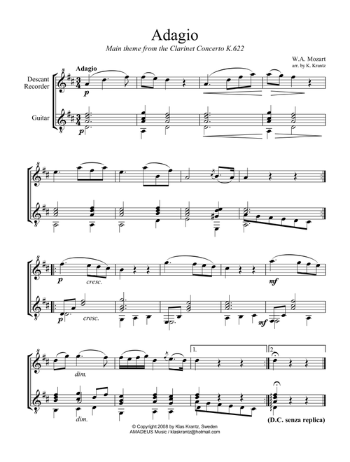 Adagio from the clarinet concerto (theme) descant recorder and easy guitar (Arr. K. Krantz) - W.A. Mozart (Instrumental Duet)