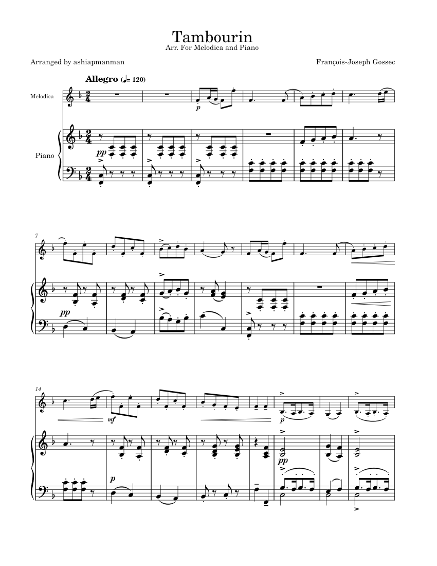 Tambourin François Joseph Gossec Sheet music for Piano, Melodica