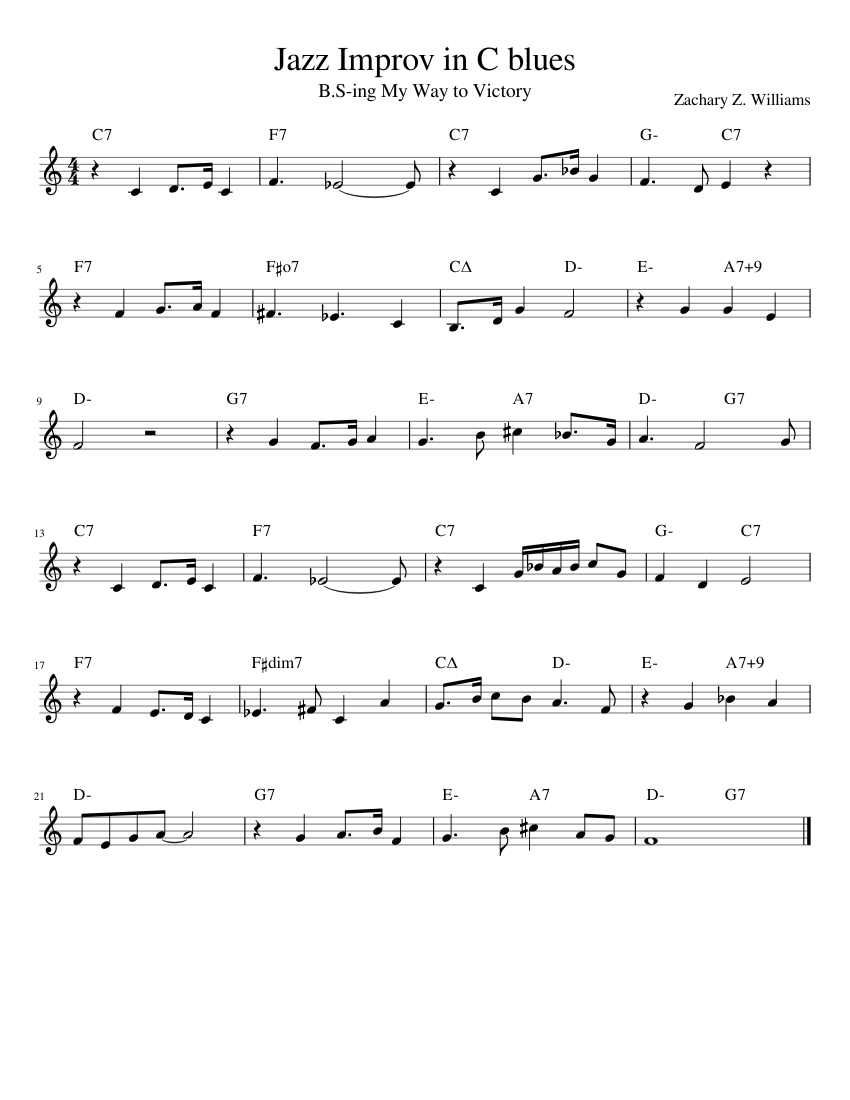 Jazz Improv in C blues Sheet Music with Chords for Piano (Solo