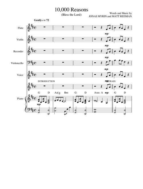 10,000 Reasons piano strings recorder - for instructional purposes