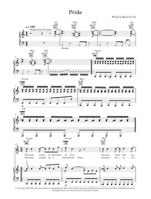 Pride (In The Name Of Love) - U2 (Piano-Vocal-Guitar (Piano Accompaniment))