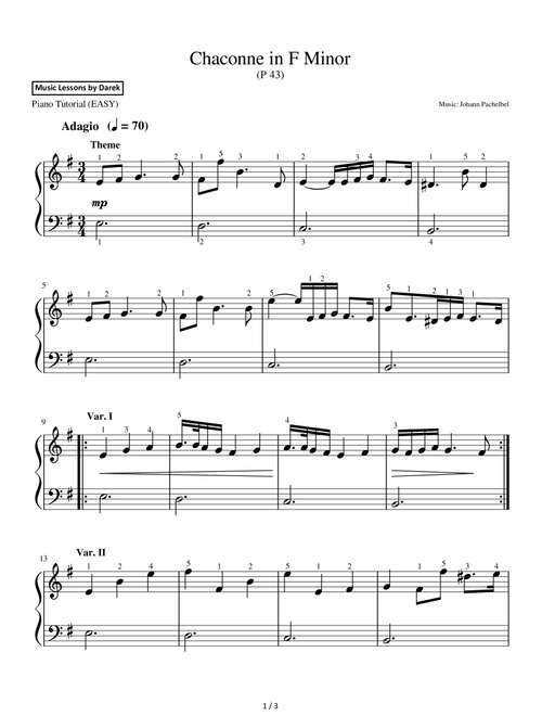 Chaconne in F Minor (EASY PIANO) (P 43) [Johann Pachelbel] (Arr. Darek) (Easy Piano)