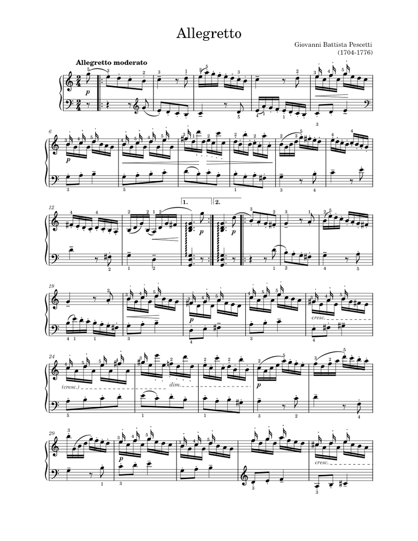 Allegretto Giovanni Battista Pescetti Sheet Music for Piano (Solo ...