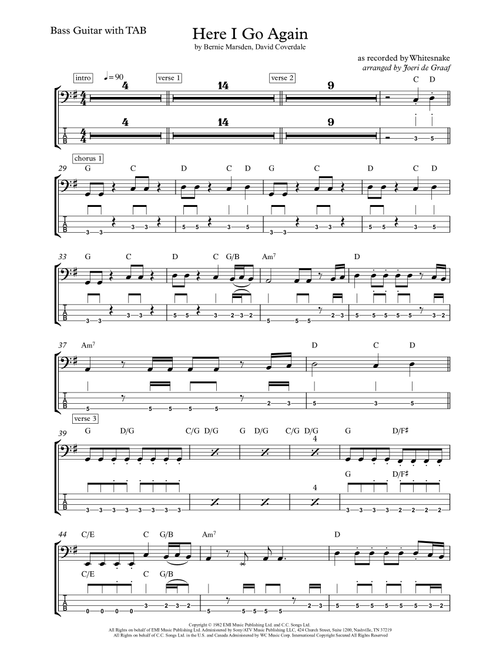 Here I Go Again (Arr. Joeri de Graaf) - Whitesnake (Bass Tab)