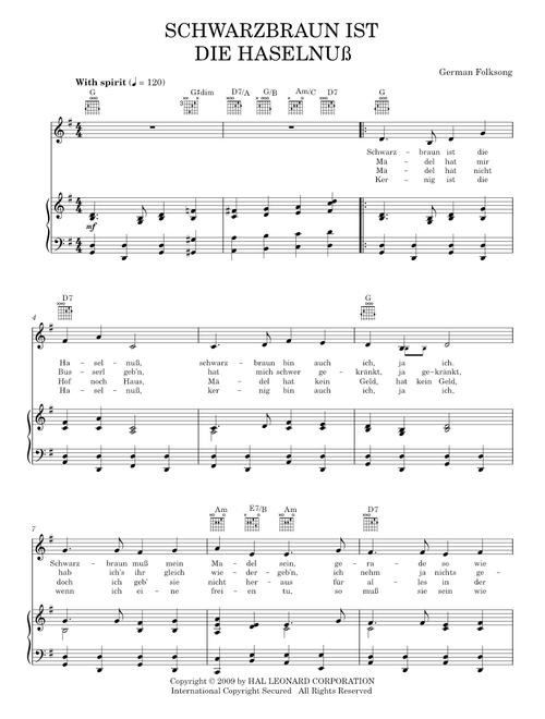 Schwarzbraun Ist Die Haselnuss - German Folksong (Piano-Vocal-Guitar)