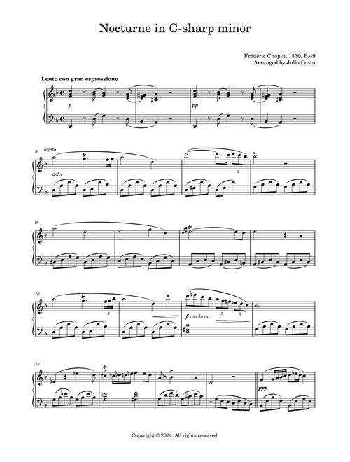 Chopin - Nocturne in C-sharp minor, B.49 (Arr. Julio Costa) - Frederic Chopin (Easy Piano)