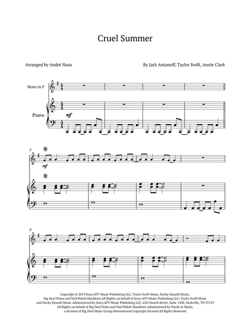 Cruel Summer (Arr. André Nusa) - Taylor Swift (French Horn and Piano)