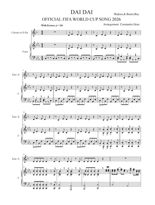 Dai Dai (Arr. Constantin Grun) - Shakira & Burna Boy (Clarinet and Piano)