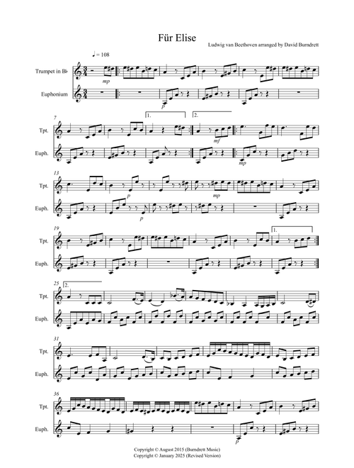 Fur Elise for Trumpet and Euphonium Duet (Arr. David Burndrett) - Ludwig Van Beethoven (Instrumental Duet)