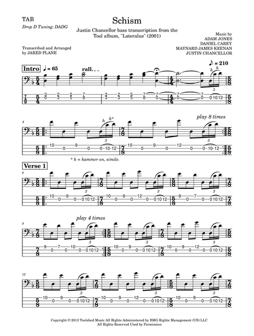 Schism (Arr. Jared Plane) - Tool (Bass Tab)