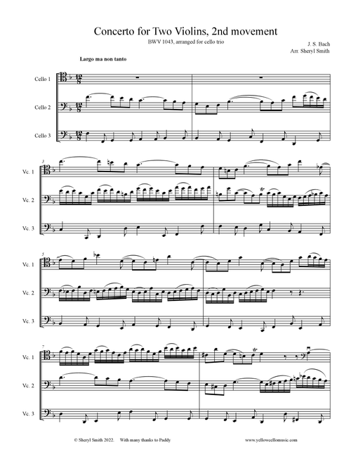 Bach Concerto for Two Violins, 2nd movement: Largo, arranged for three cellos (cello trio) (Arr. Yellow Cello Music) - J. S. Bach (String Ensemble)