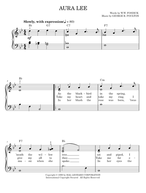 Aura Lee - George R. Poulton, W.W. Fosdick (Easy Piano)