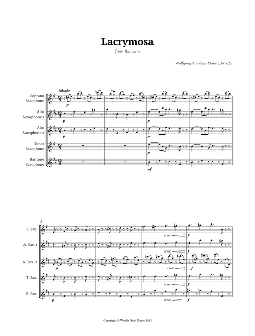 Queen of the Night Aria by Mozart for Sax Quintet (Arr. Ander) (Woodwind Ensemble)