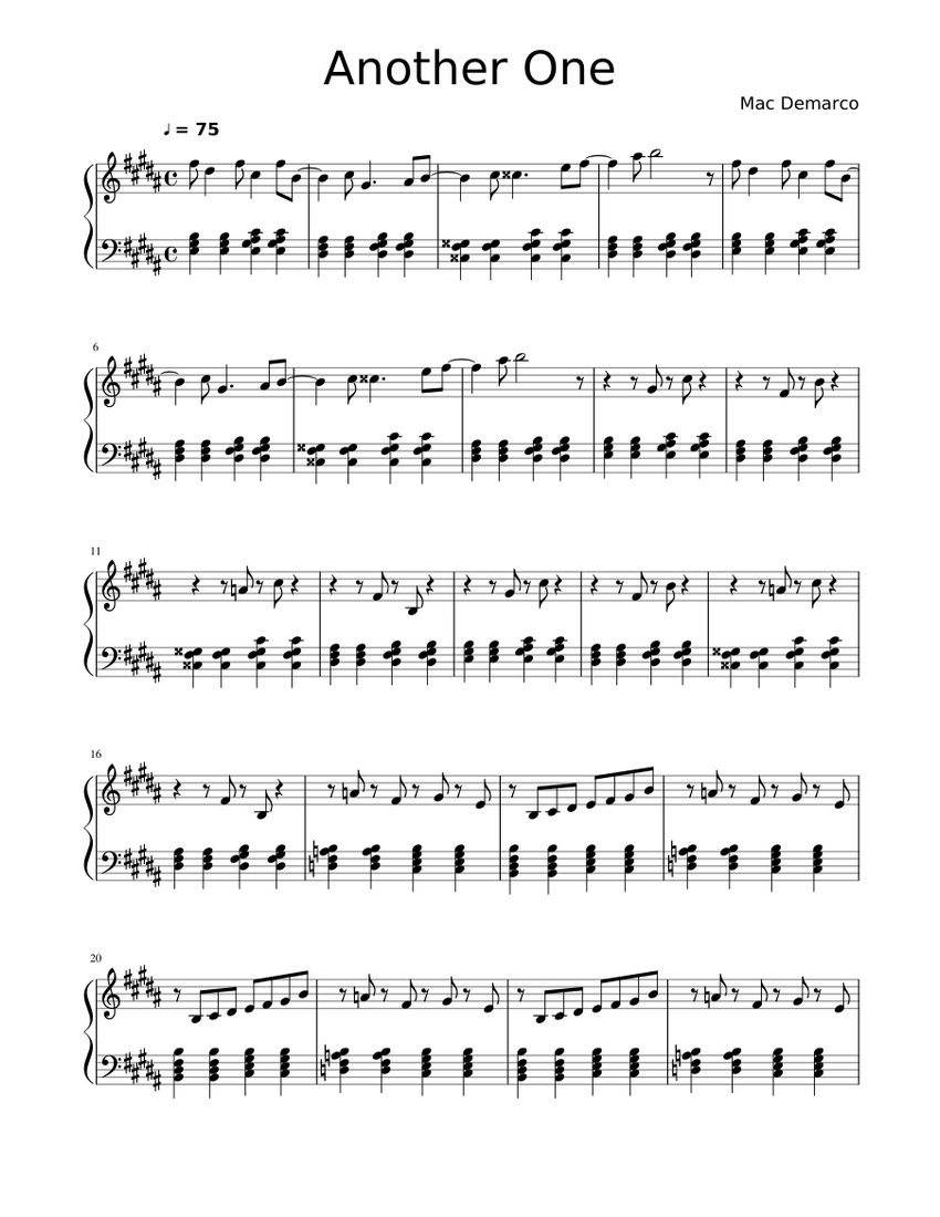 Another One Mac demarco in B major Sheet music for Piano (Solo