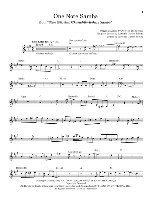 One Note Samba (Samba De Uma Nota So) - Stan Getz (Alto Sax Transcription)