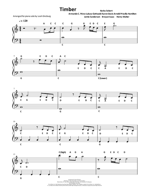 Timber (Arr. Leah Ginzburg) - Pitbull Featuring Ke$Ha (Piano Vocal)
