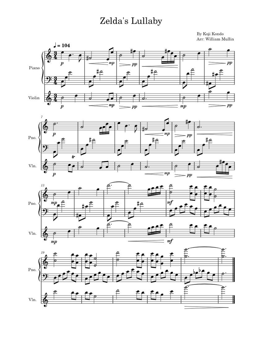 Zelda's Lullaby – Koji Kondo arranged for Violin and Piano Sheet Music ...