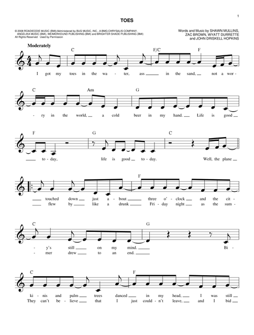 Toes - Zac Brown Band (Easy Lead Sheet - Fake Book)