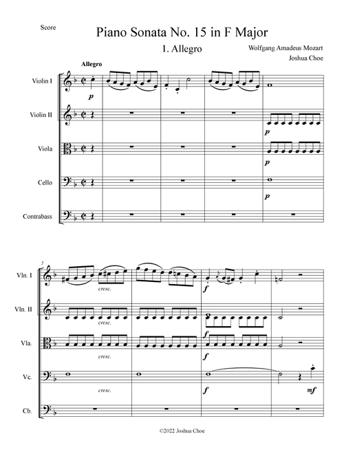 Piano Sonata No. 15 in F Major, Movement 1 (Arr. Joshua Choe) - Wolfgang Amadeus Mozart (Orchestra)